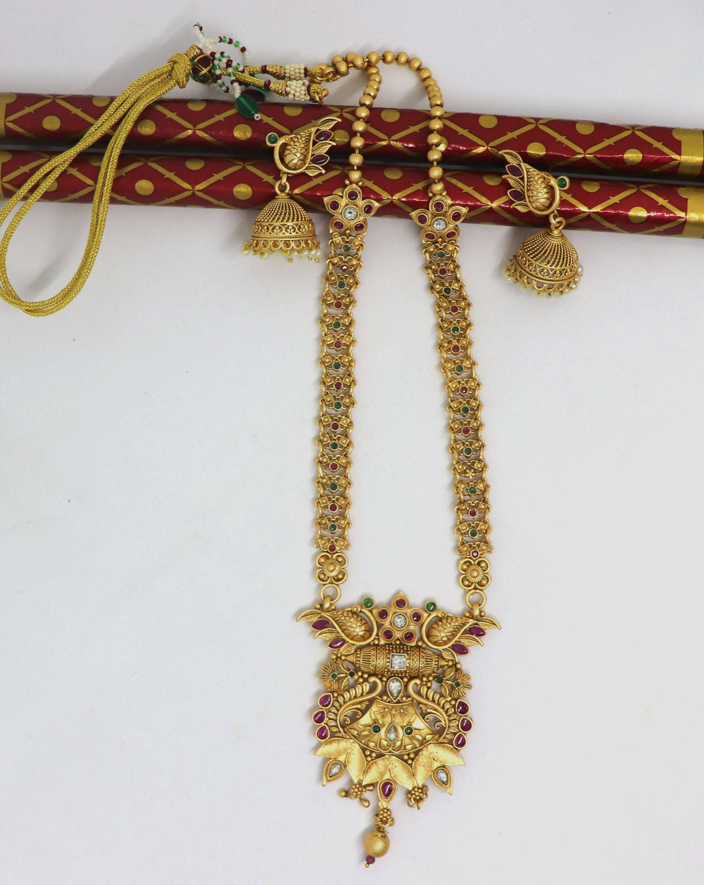 Pure Brass Rajwadi Polish Stone Necklace Set for Ethnic Wear