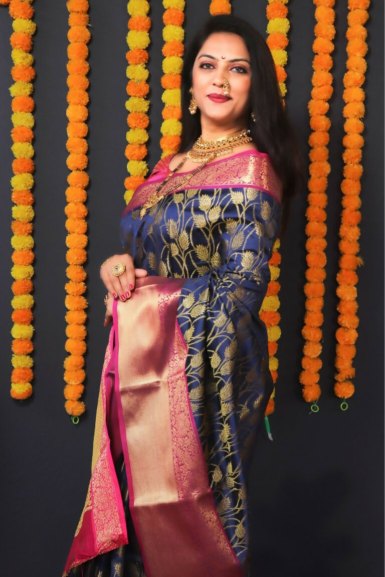 Navy Blue Kanjivaram Silk Zari Woven Saree with Pink Blouse