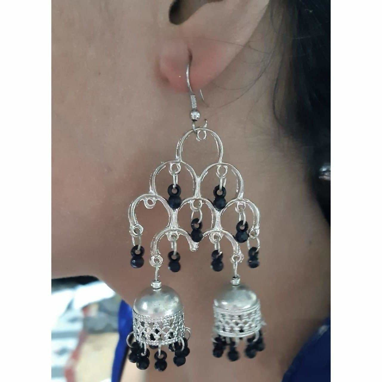 Silver oxidized traditional double jhumka earrings with black pearls