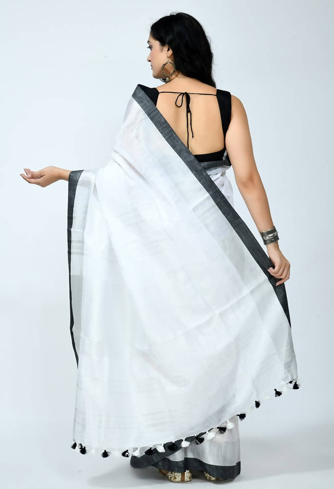 White Bhagalpuri Handloom Silk Saree with Contrasting Black Blouse