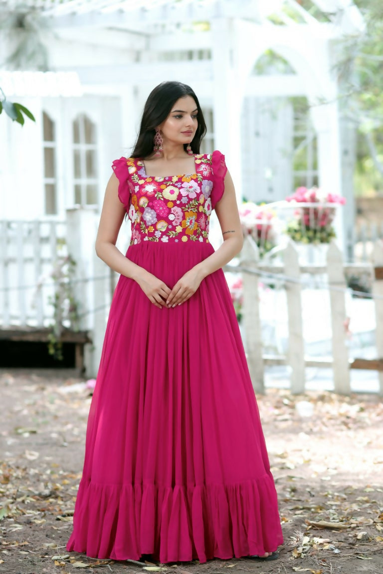 Rani pink Anarkali dress with heavy sequins and thread embroidery