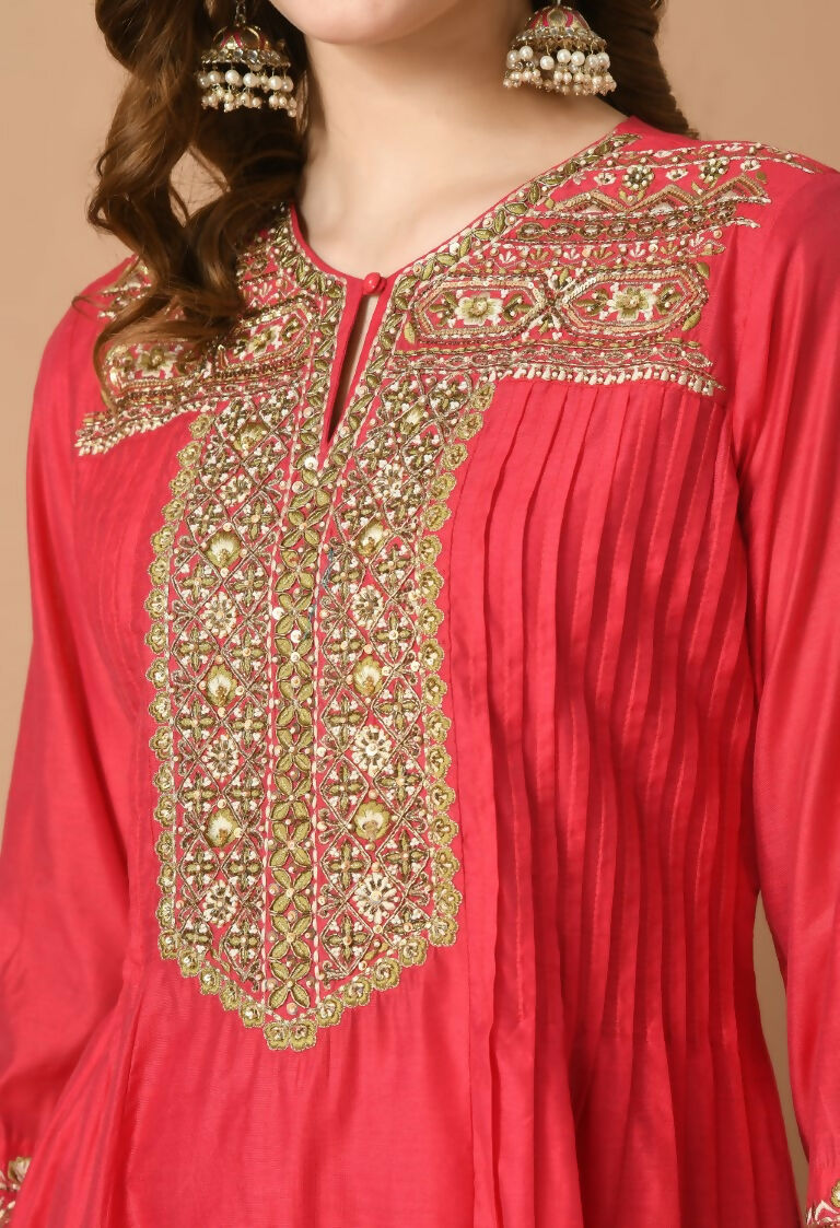Red Chanderi Kurta Set with Organza Dupatta - 3 Piece Festive Wear