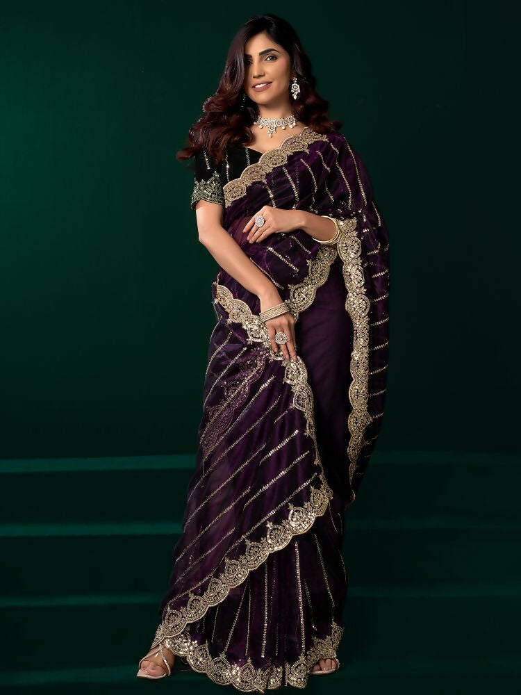 Wine Net Party Wear Saree with Contrast Black Velvet Blouse
