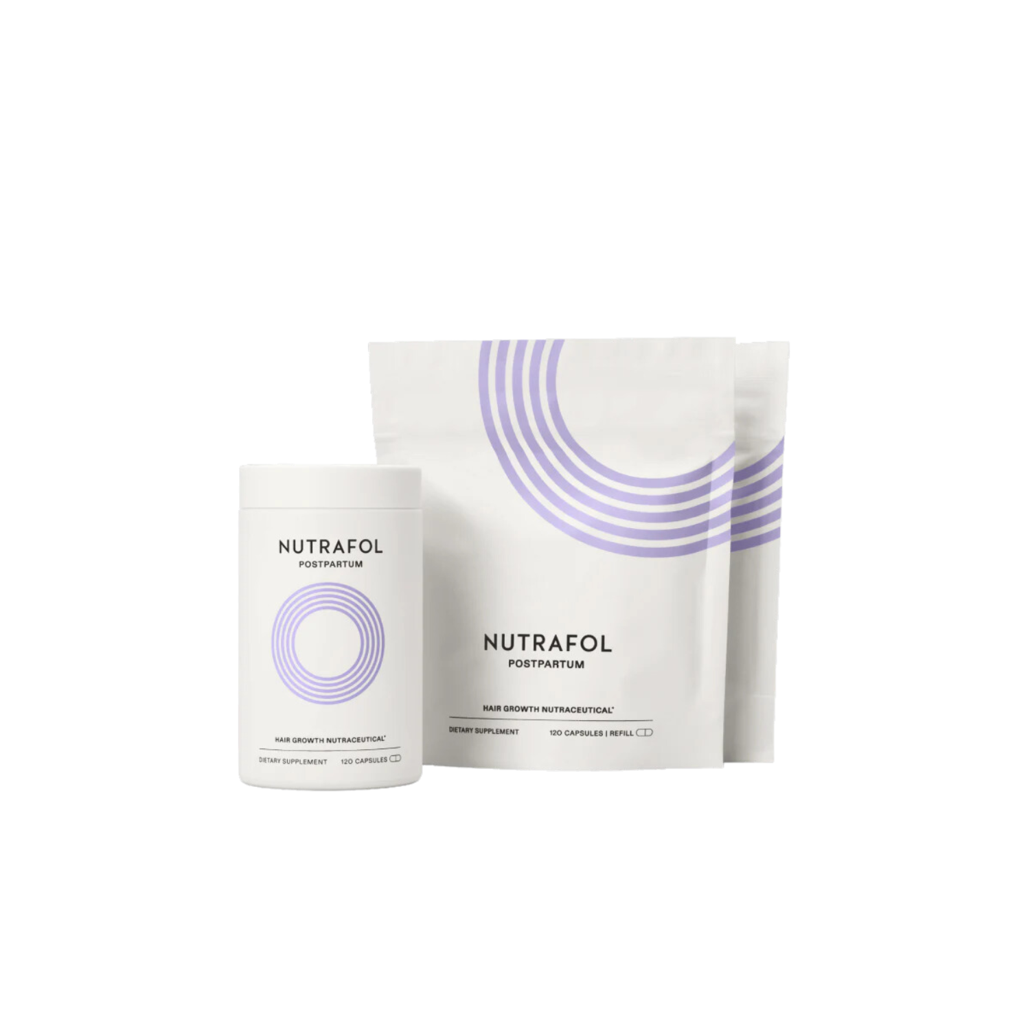 Nutrafol Postpartum Hair Growth 3 Month Supply bottle and refill pouch in clinical white and lavender packaging
