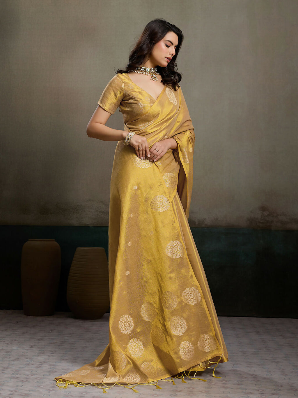 Beige Tissue Silk Saree with Matching Blouse Elegant Draping
