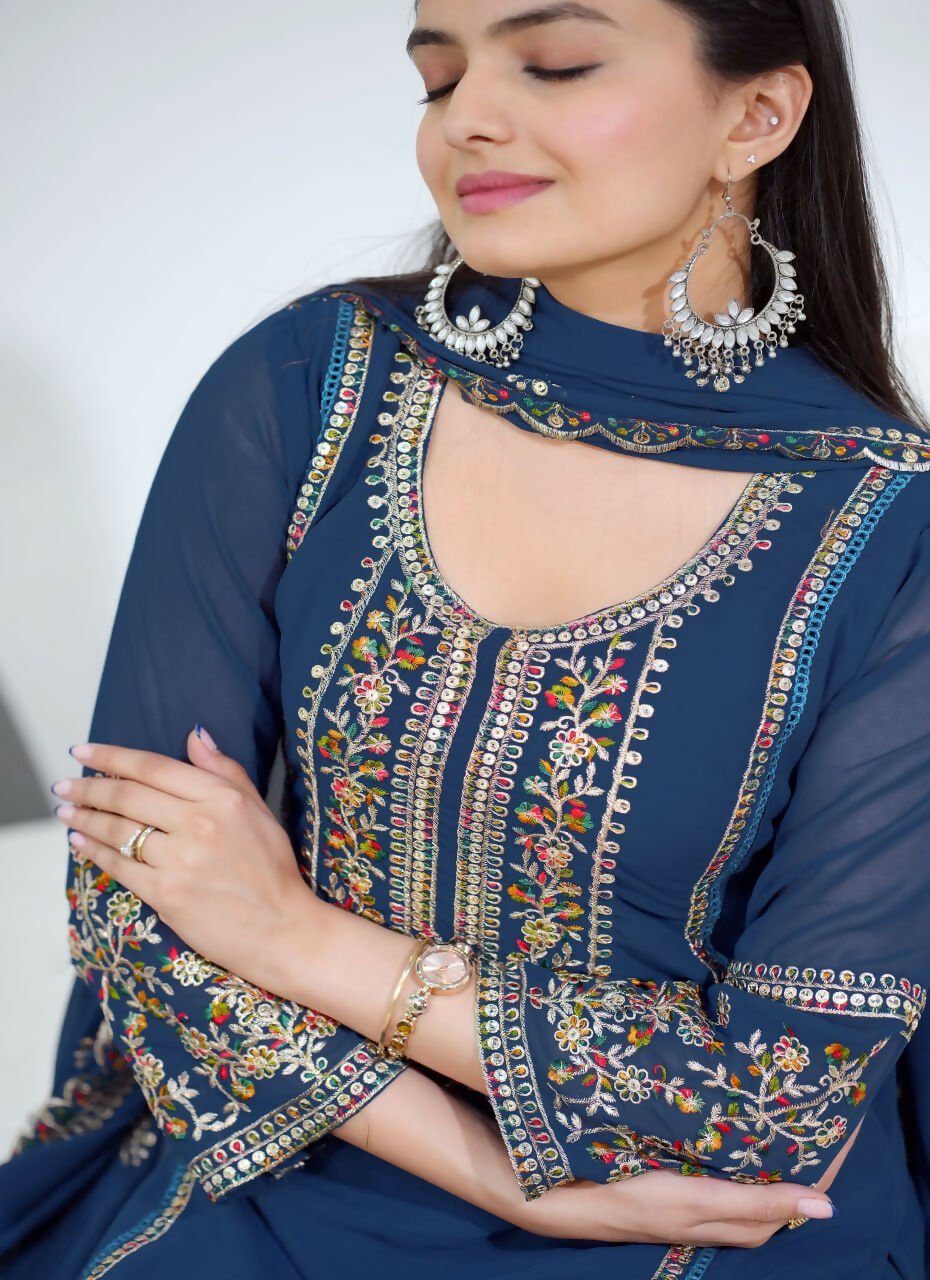 Blue Georgette Embroidered Kurti Set with Matching Pant & Dupatta
