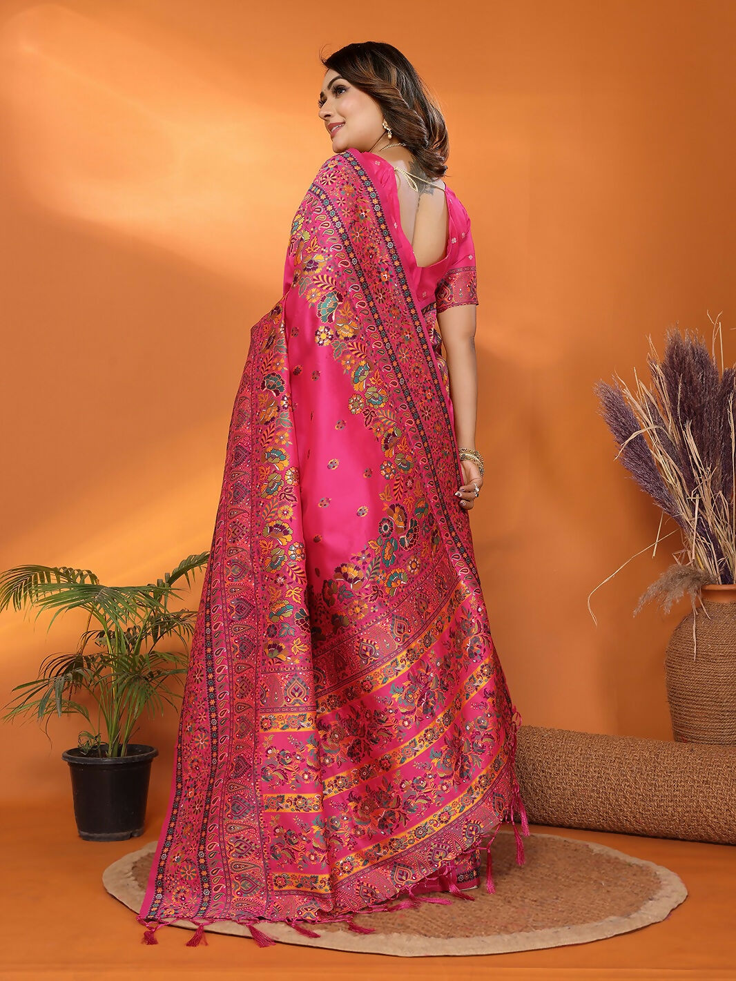 Rani Pink Meena Weaves Silk Blend Saree with Unstitched Blouse