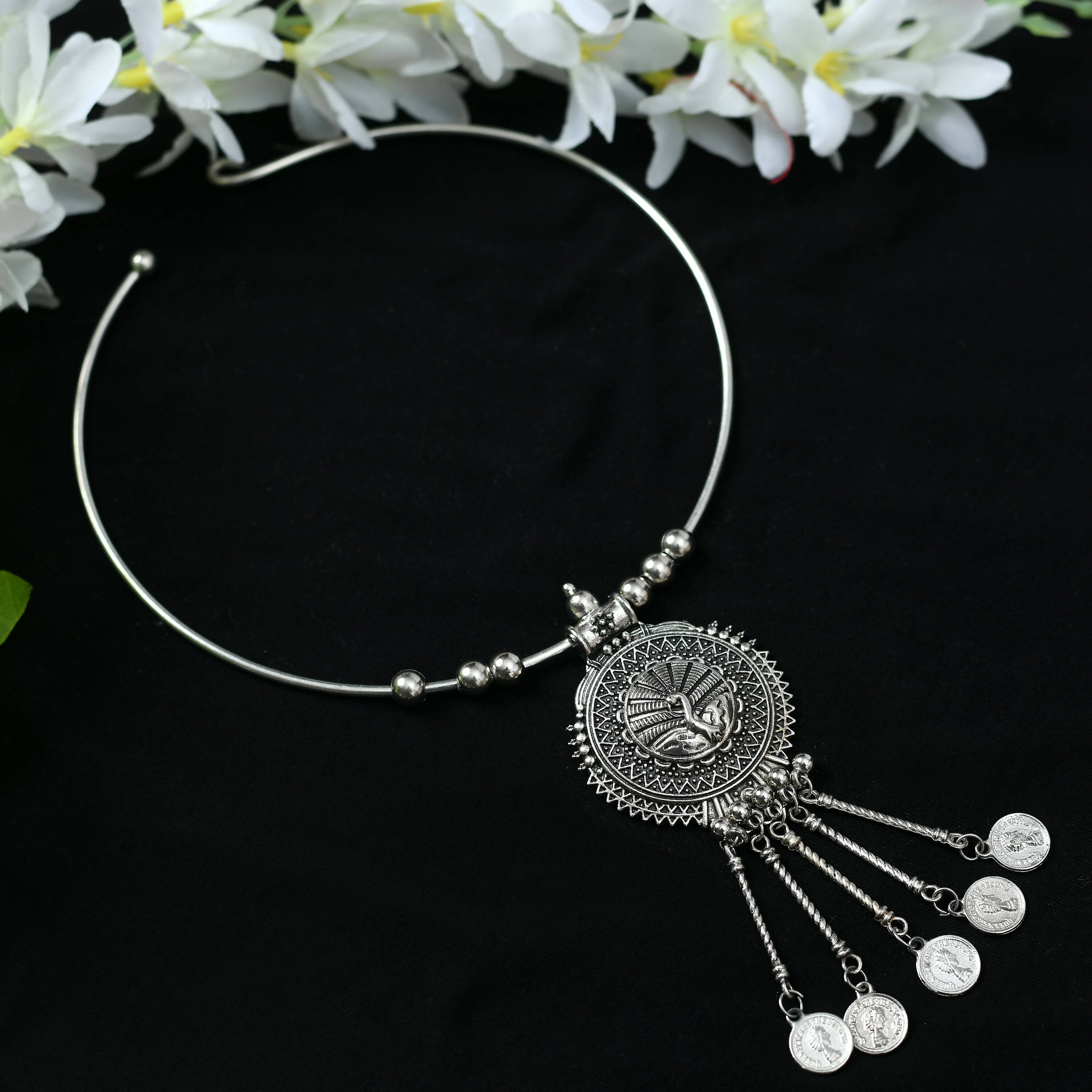 Hasli design choker necklace in oxidised silver-plated brass finish
