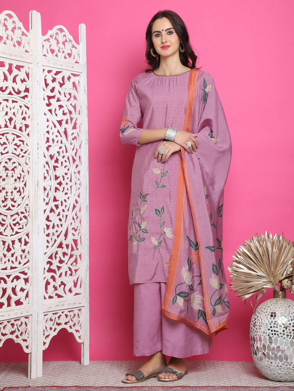 Purple Muslin Floral Print Kurta Set with Jari & Crystal Work