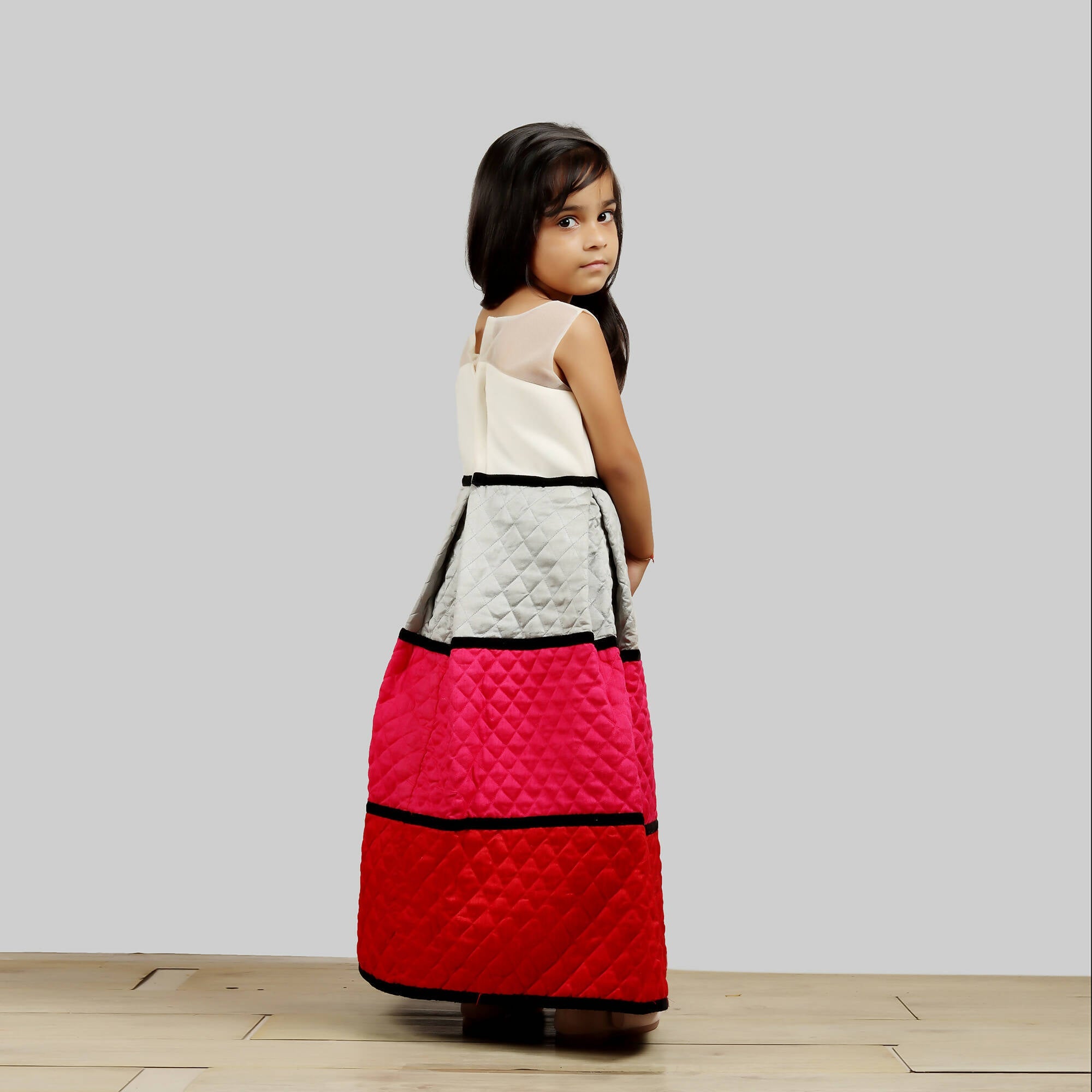 Multicolor Quilted Gown with White Chest and Black Strips