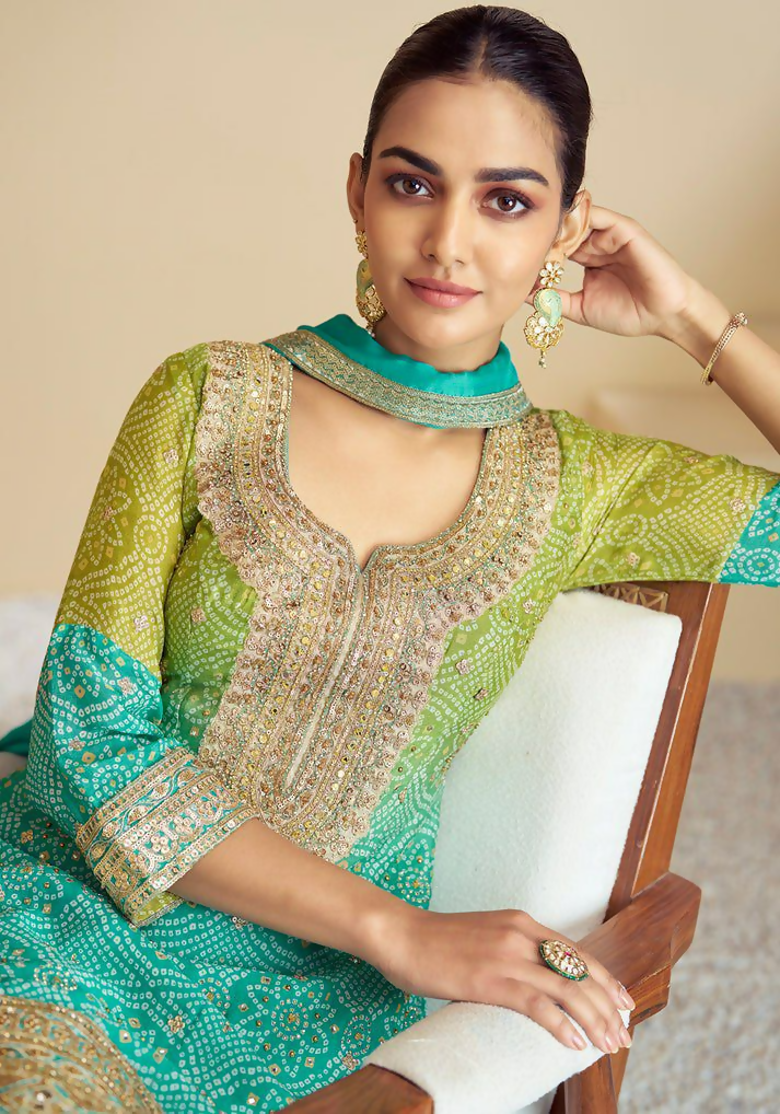 Green and Teal Chinon Embroidered Salwar Kameez - Stitched Suit