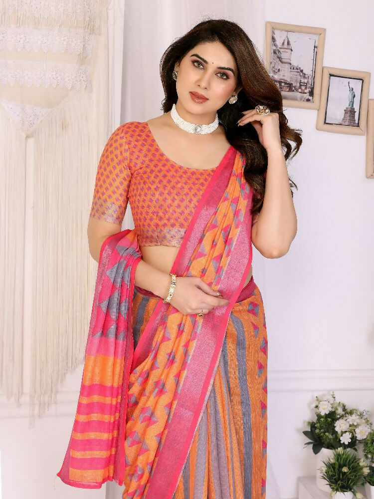 Orange Handloom Linen Cotton Saree with Elegant Zari Detailing