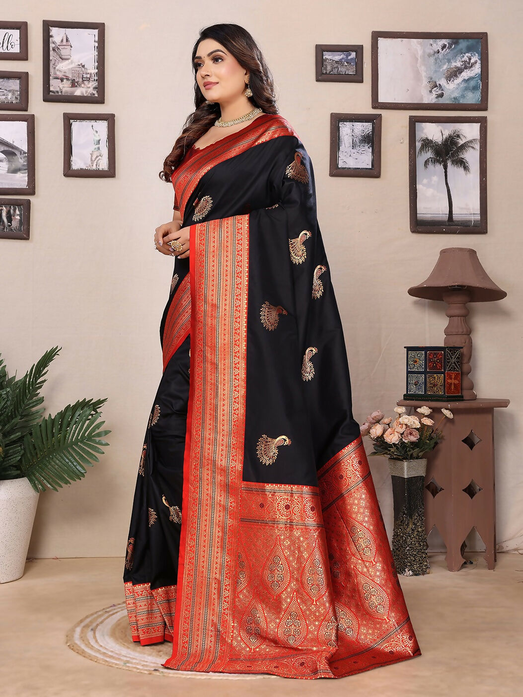 Black Banarasi Soft Silk Saree with Small Butti Motif