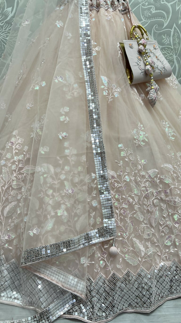 Peach Bridal Net Lehenga Choli with Sequins & Multi Thread Embroidery