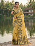 Radiant yellow linen cotton saree with a comfortable, breathable weave and matching blouse.