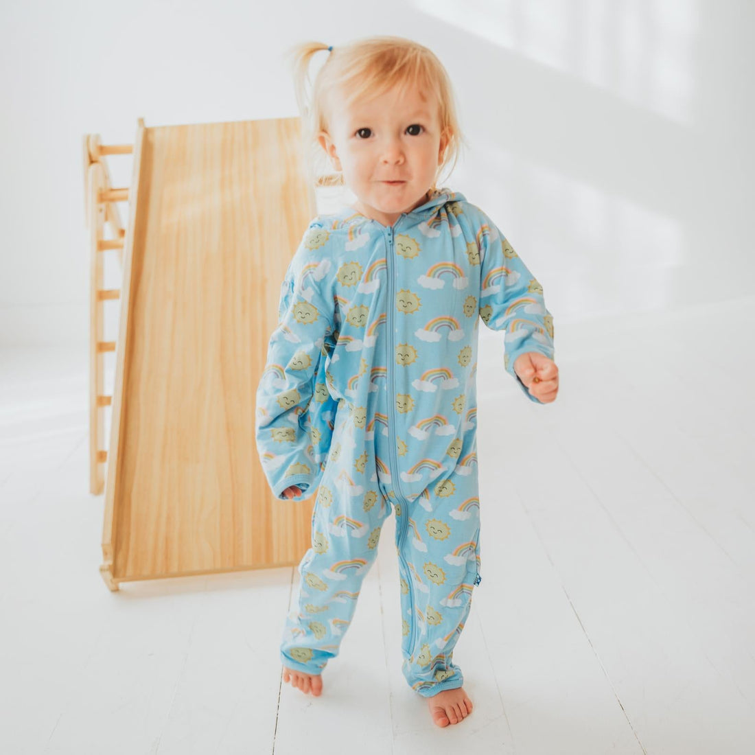Print Bunny Romper in Sunshine and Rainbows