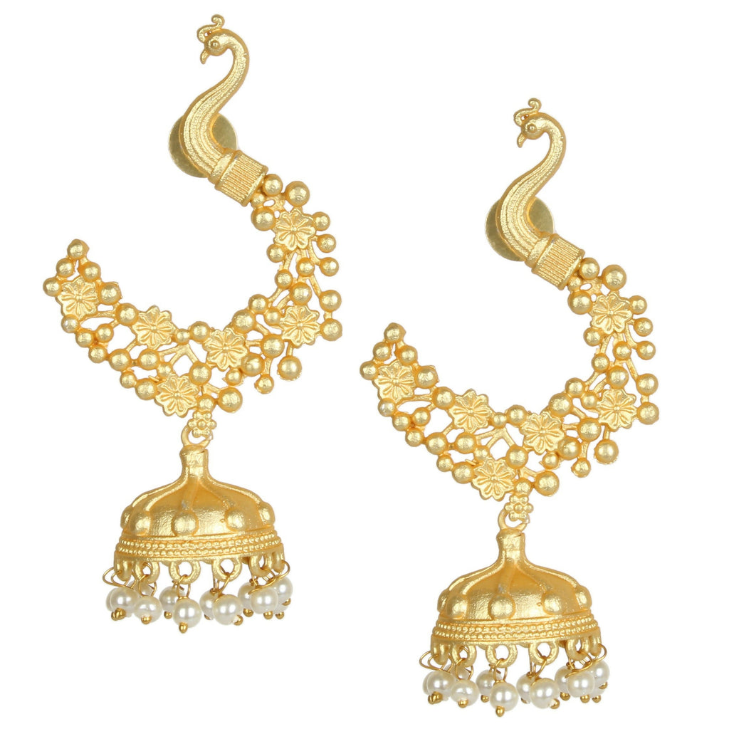 Artisanal matte gold brass Jhumka earrings, 7cm length, intricate design