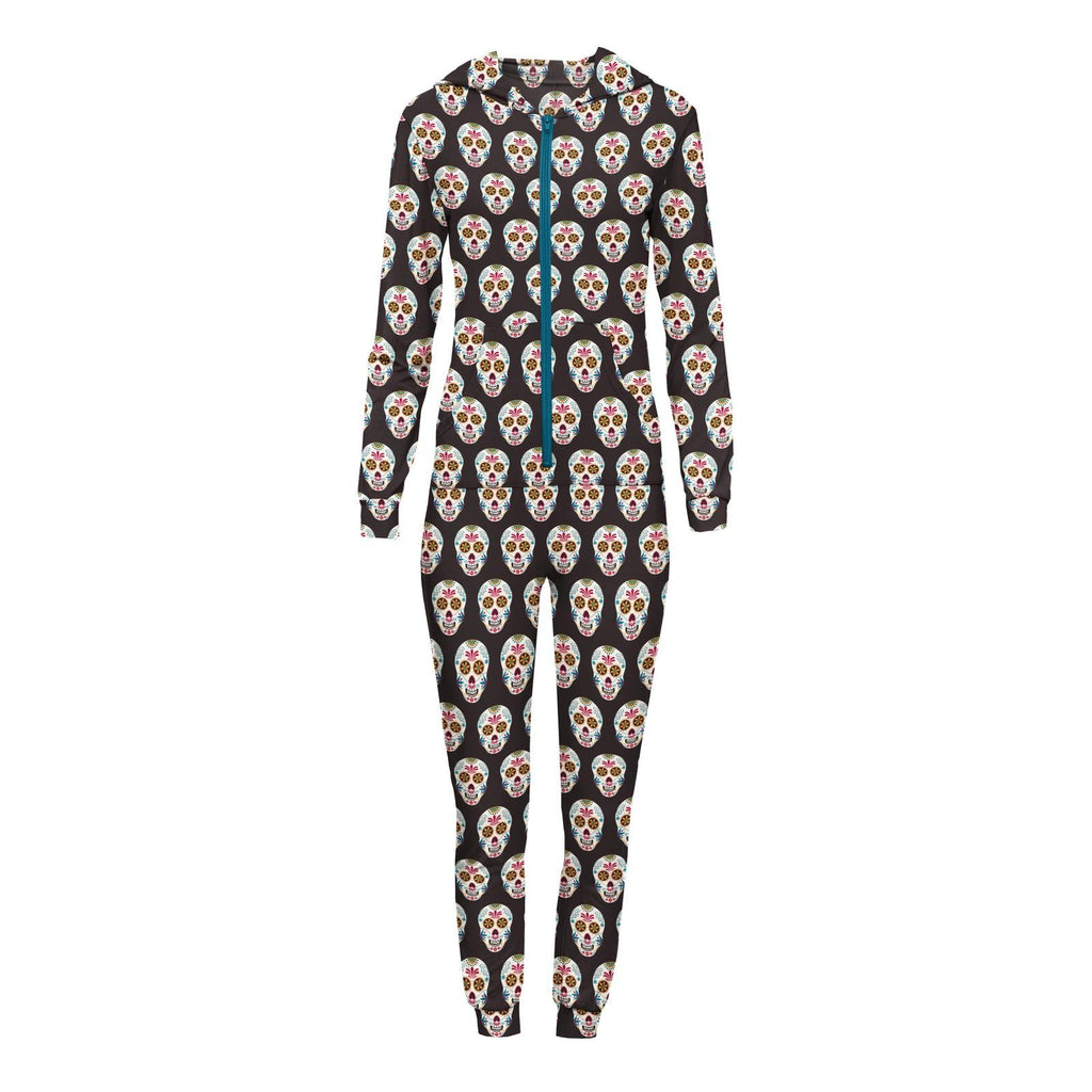 Women's Print Long Sleeve Jumpsuit with Hood in Midnight Dia de los Muertos