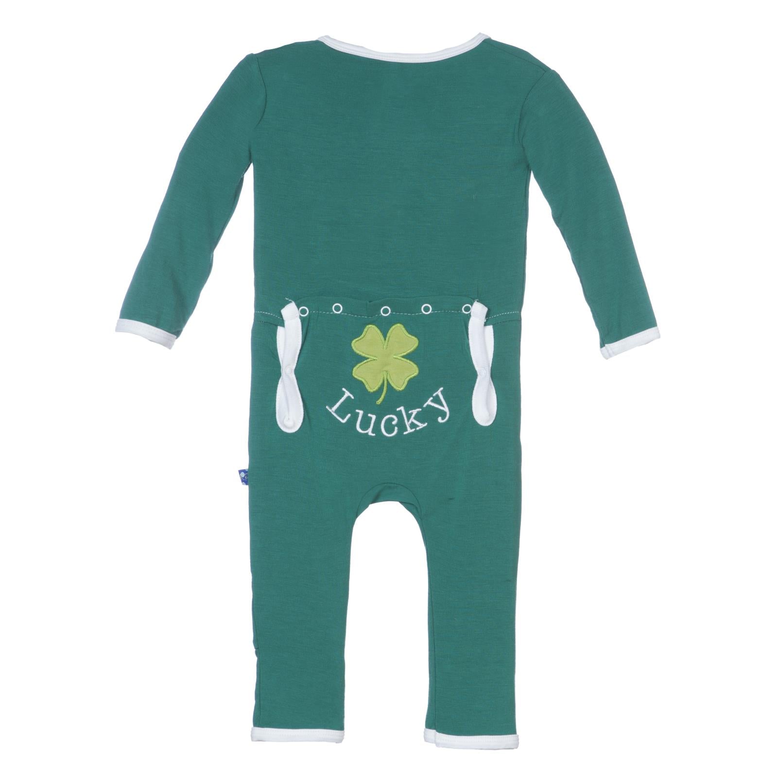 Holiday Applique Coverall in Shady Glade Lucky Clover