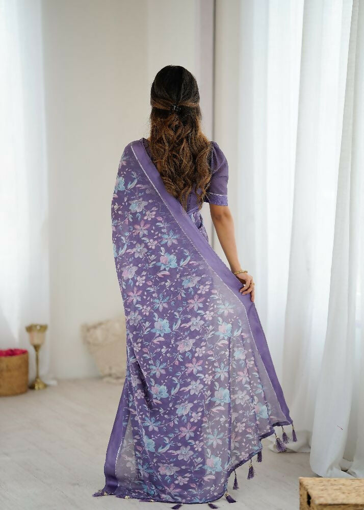Lavender Bright Moss Satin Patta Printed Saree and Blouse