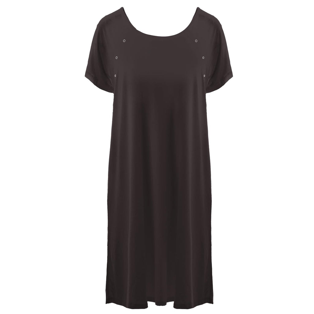 Women's labor and delivery hospital gown in solid Midnight color, showing front with shoulder snaps and back with full button placket.