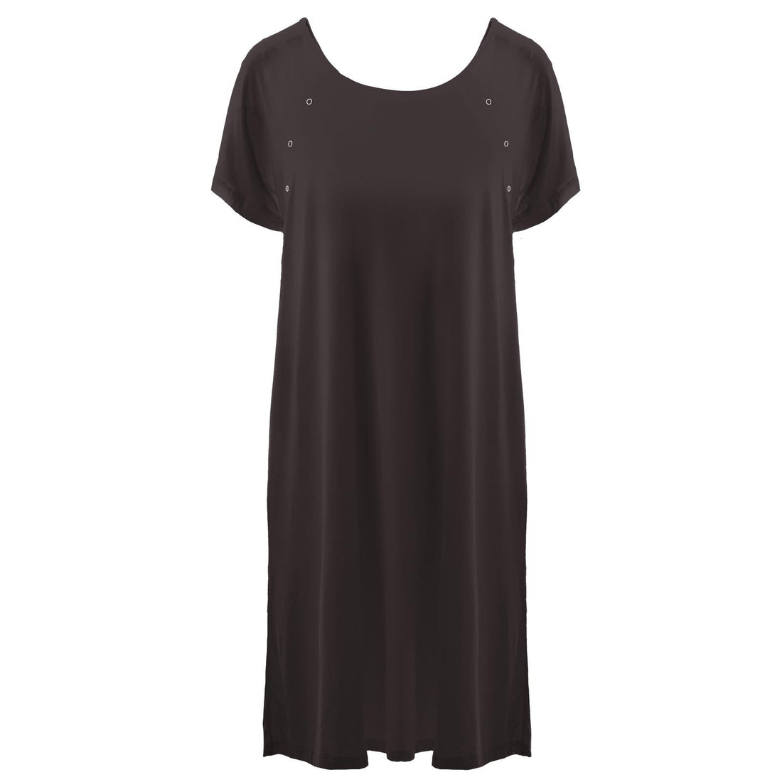 Women's labor and delivery hospital gown in solid Midnight color, showing front with shoulder snaps and back with full button placket.