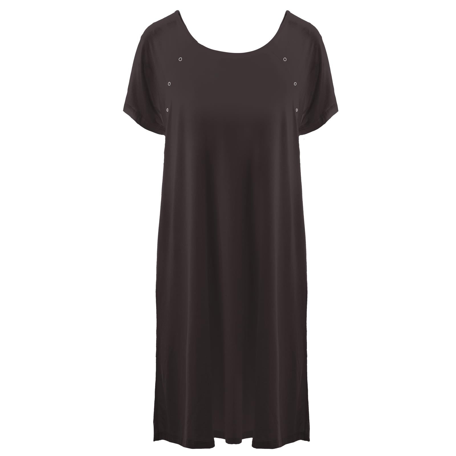 Women's labor and delivery hospital gown in solid Midnight color, showing front with shoulder snaps and back with full button placket.