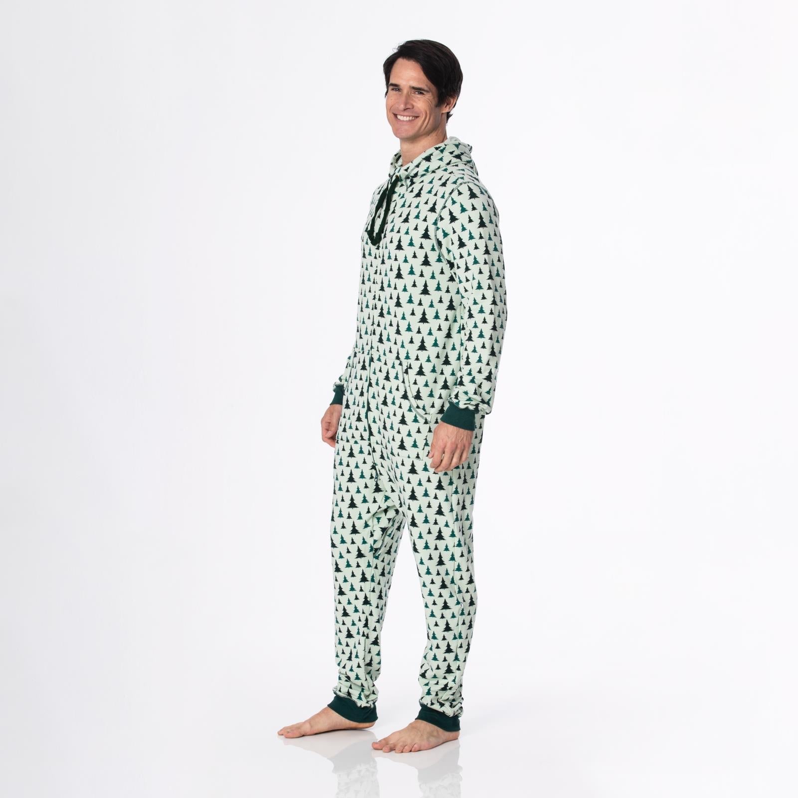 Print Adult Fleece Jumpsuit with Hood in Aloe Trees