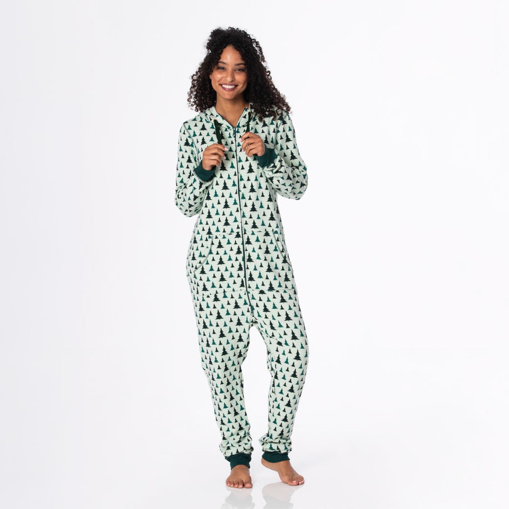 Print Adult Fleece Jumpsuit with Hood in Aloe Trees