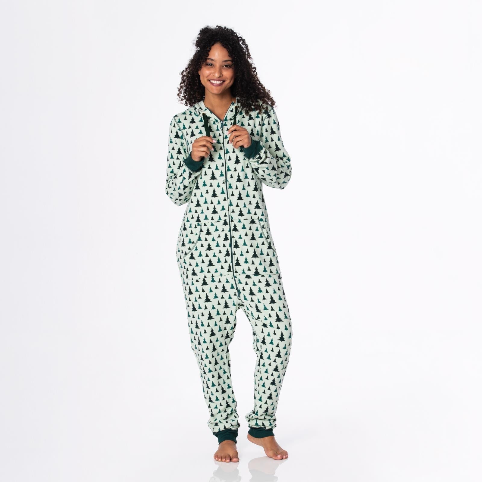 Print Adult Fleece Jumpsuit with Hood in Aloe Trees