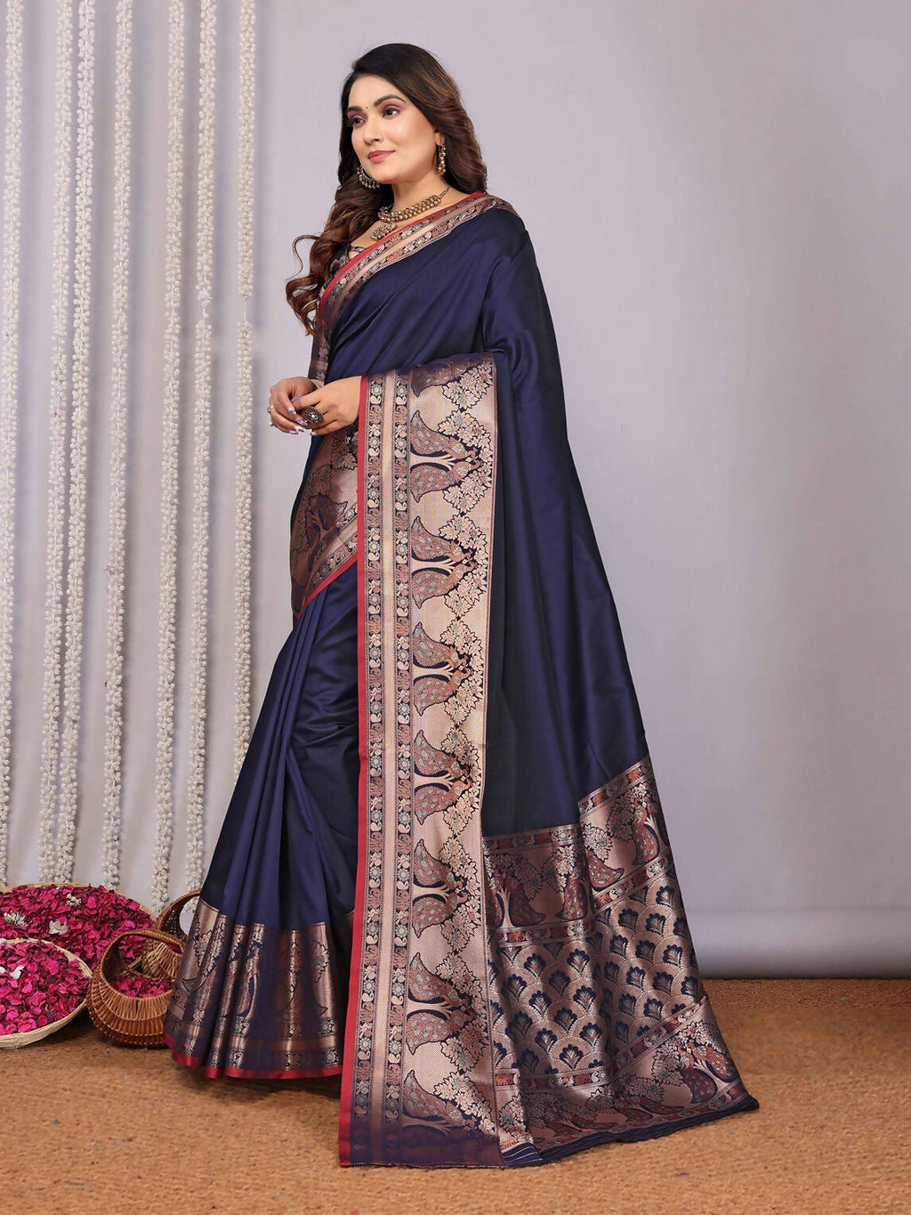 Navy Blue Woven Banarasi Silk Saree with Blouse Piece