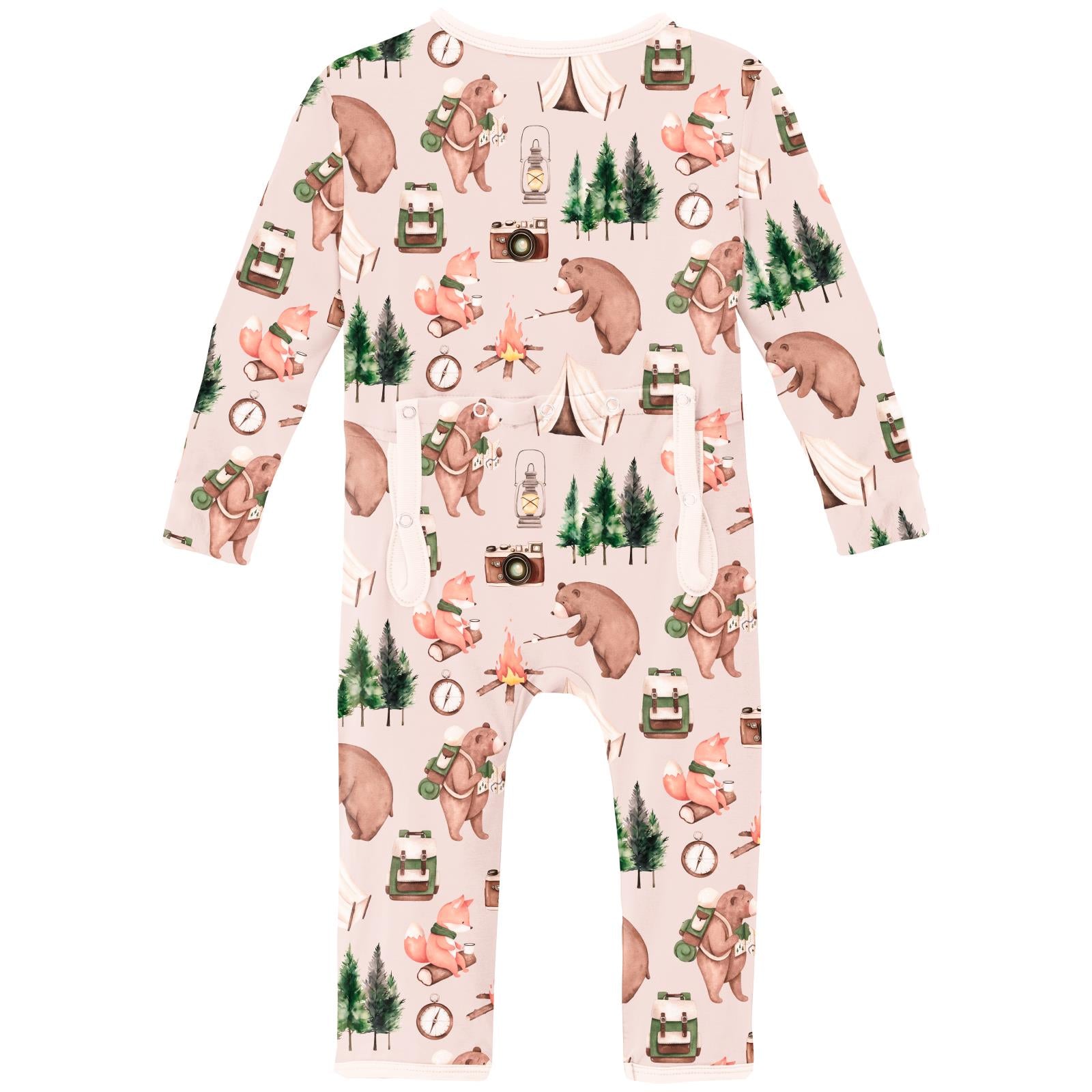 Print Coverall with 2 Way Zipper in Latte Camping Animals