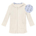 Natural cotton terry zip-front robe with dew-blue duckling print hood