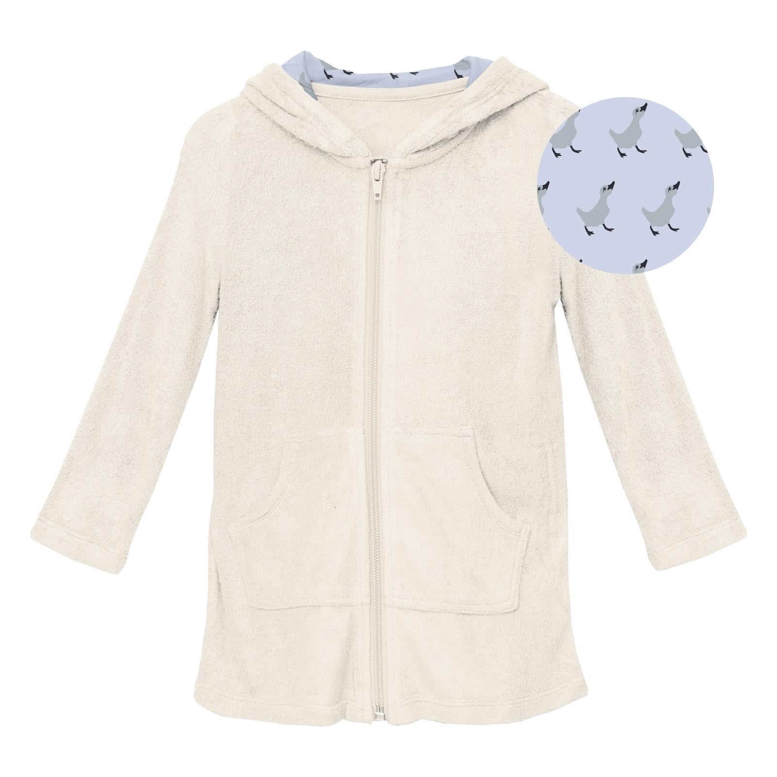 Natural cotton terry zip-front robe with dew-blue duckling print hood