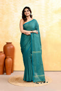 Teal Embellished Cotton Blend Zari Check Handloom Saree with traditional weave
