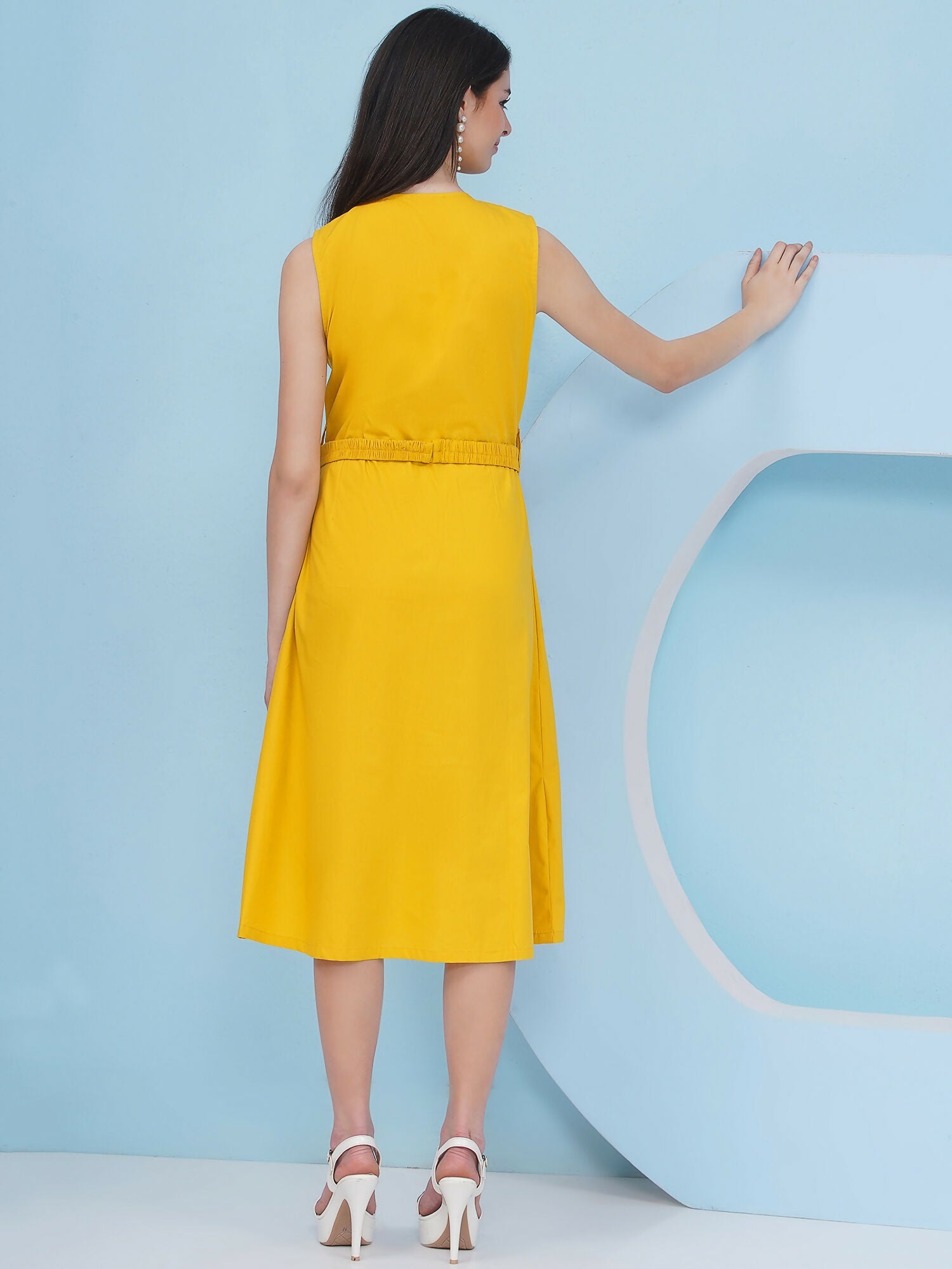 Yellow Dress with 3D Flower Embroidery and Belt