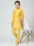 Boys yellow Chanderi kurta with traditional butta embroidery and matching pyjama set