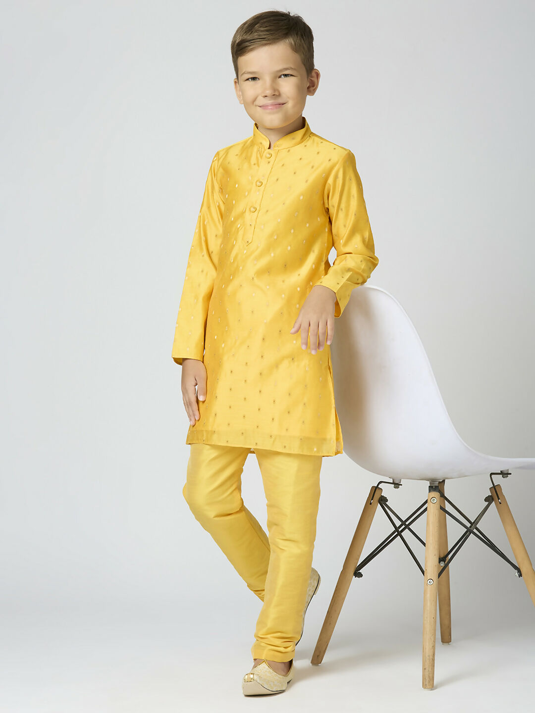 Boys yellow Chanderi kurta with traditional butta embroidery and matching pyjama set