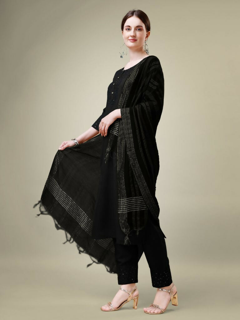 Jyoti Fashion Women's Black Cotton Blend Embroidery & Sequence work Kurta with Trouser & Dupatta