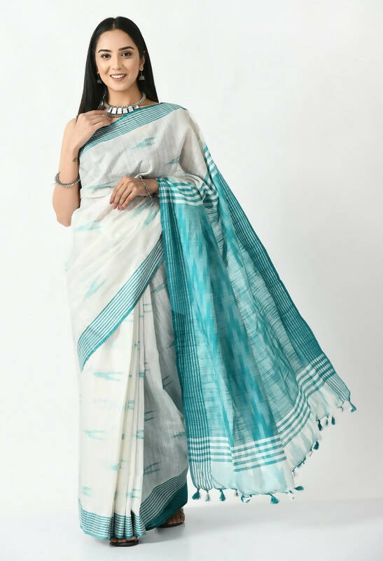 White and sea green Bhagalpuri handloom Ikat cotton saree with traditional patterns and unstitched blouse fabric