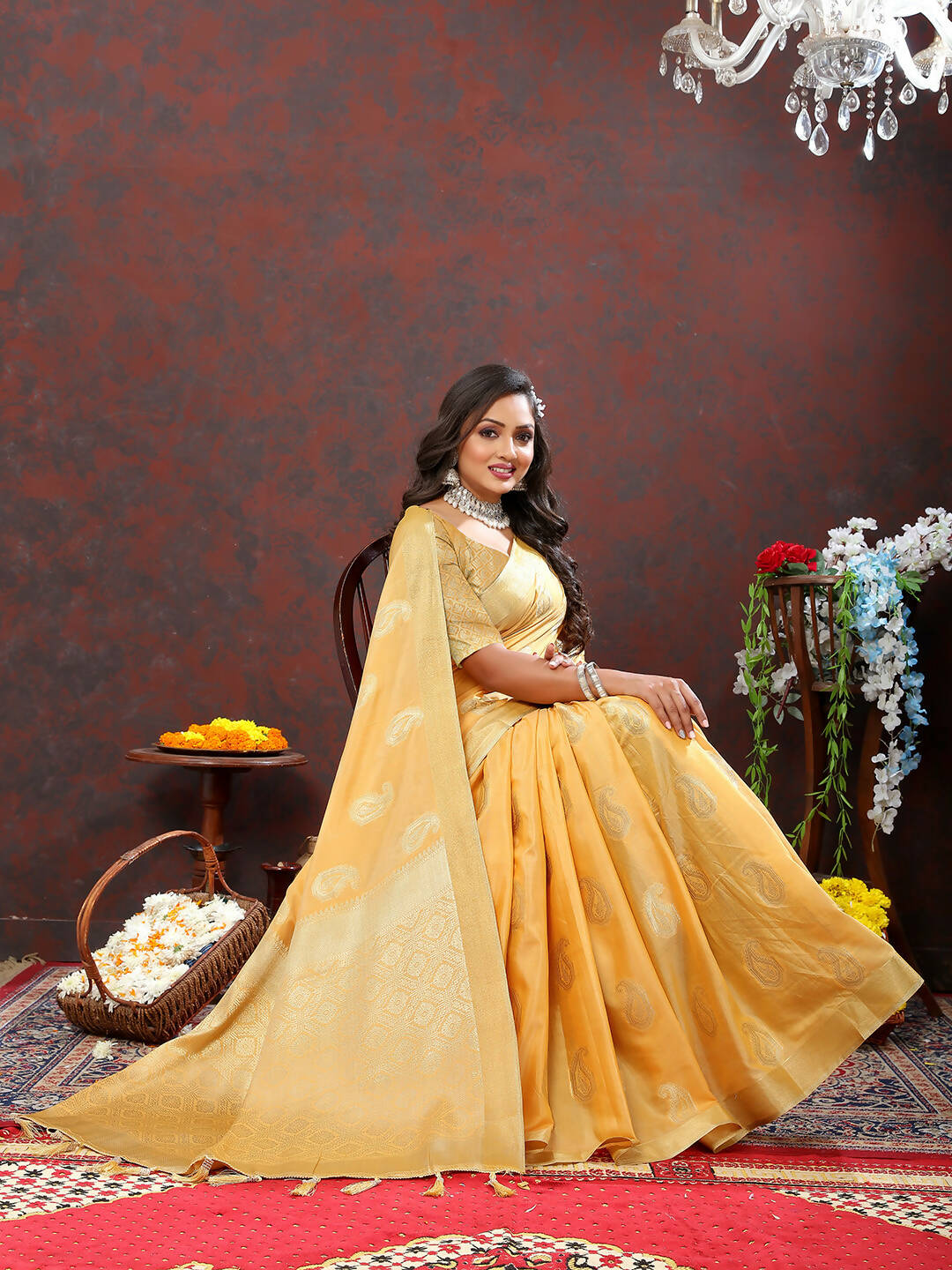 Gold Cotton Woven Saree with Zari Weaving and Silk Blouse Piece