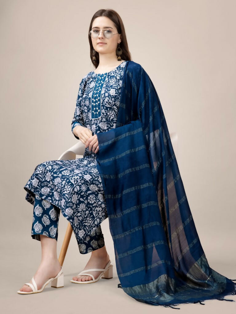 Jyoti Fashion Women's Morpich Rayon Print with Embroidery & Fancy Lace Work Kurta with Trouser & Dupatta