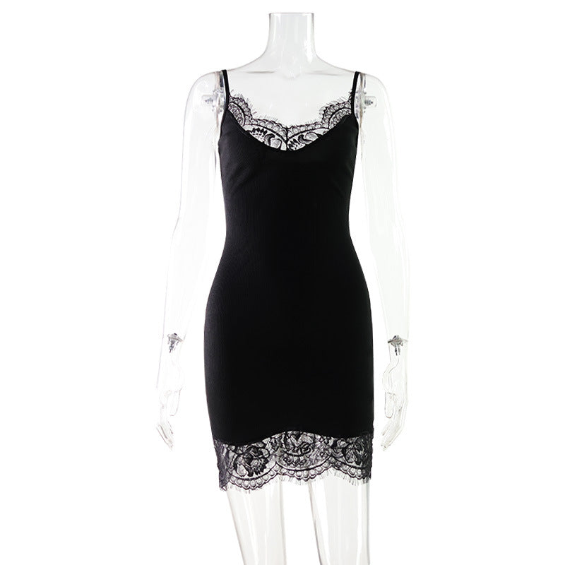 Summer Sexy Lace Stitching Sexy Dress Slim Fit Waist Trimming Spaghetti Straps Sheath Solid Color Dress