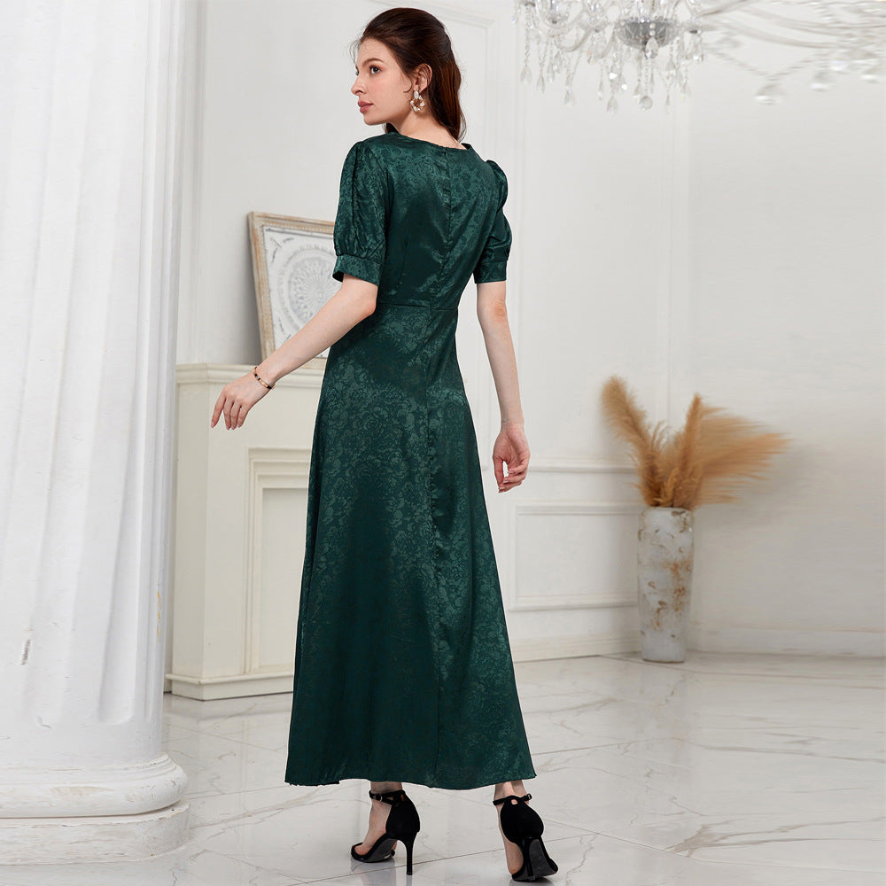 Women Clothing Summer Casual High Waist Solid Color V neck Puff Sleeve Dress