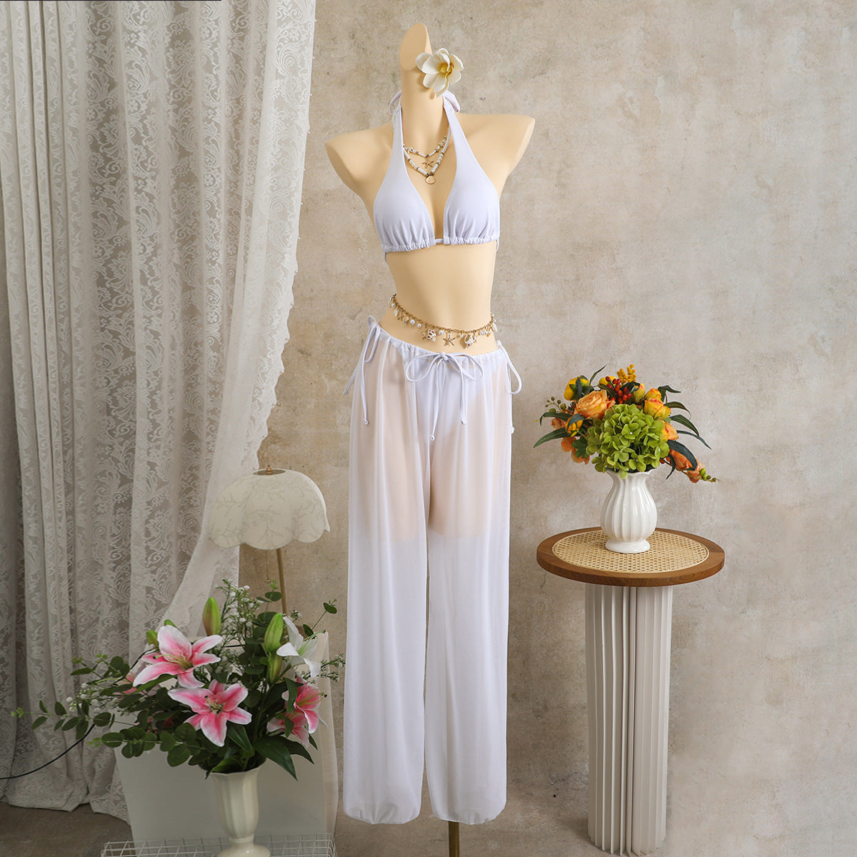 Three-Piece Bikini Swimsuit Set with Matching Beach Trousers