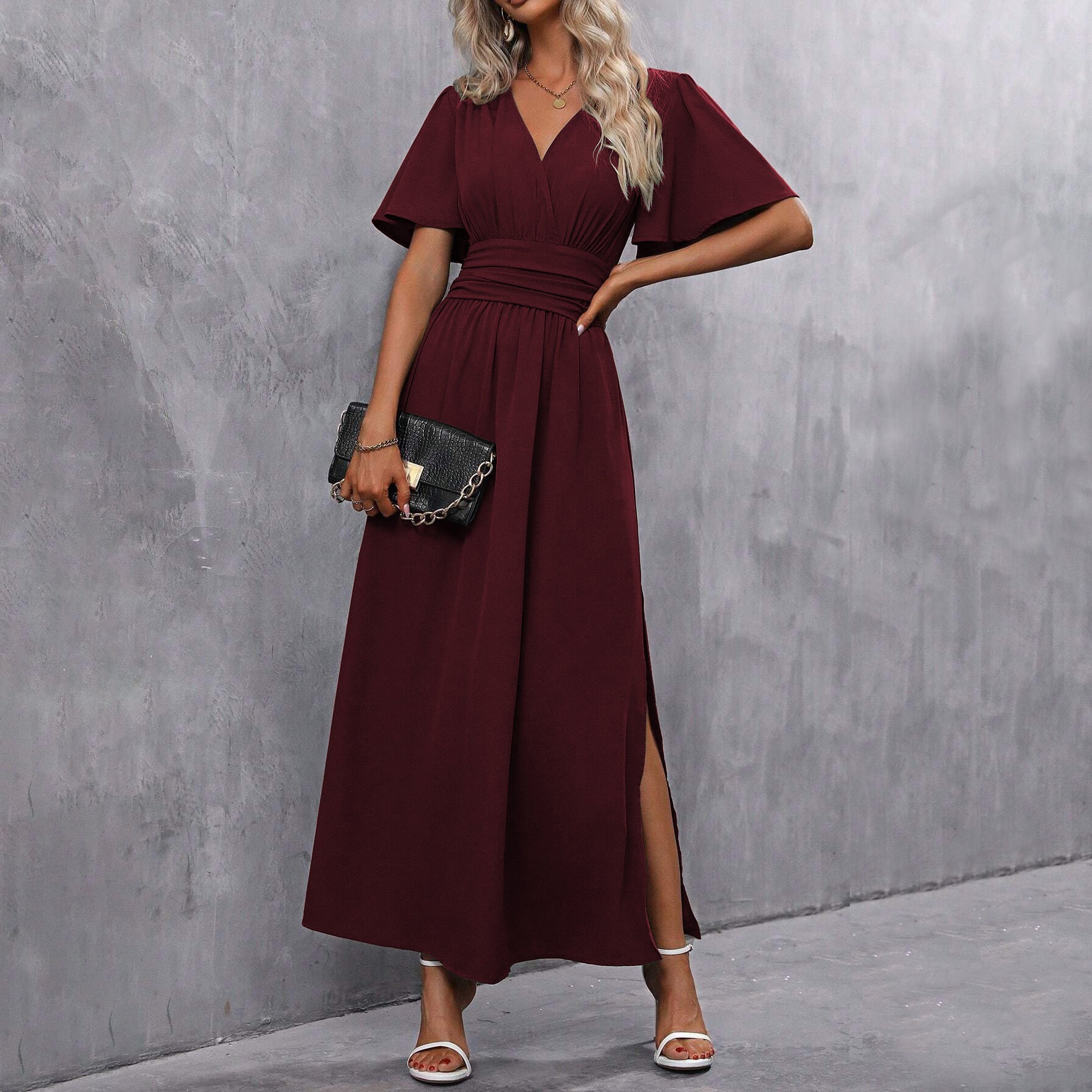 Elegant A-Line Split Dress in Solid Colors for Women