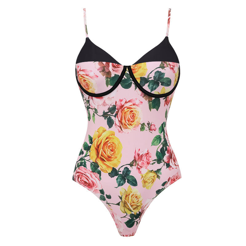 Pink Floral Asymmetric Ruched Swimsuit Set for Vacation