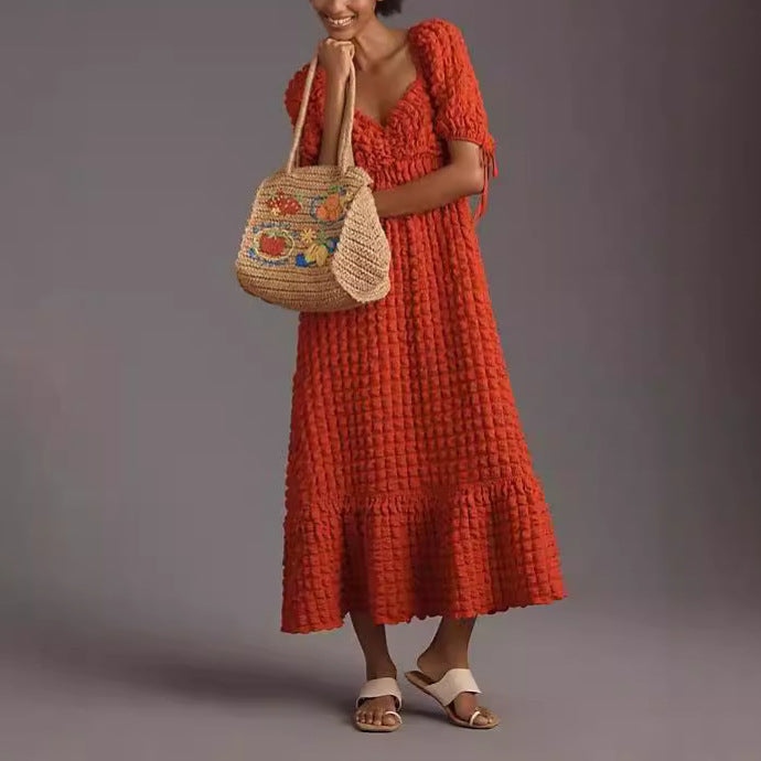 Bubble Sleeve Women Elegant Dress Long Short Sleeve French Tied Vacation Dress