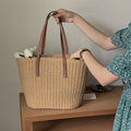 Woven Straw Beach Tote Bag with Brown Shoulder Handles - Image 2