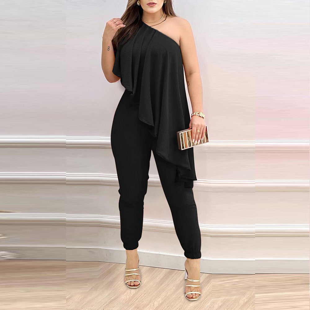 Printed One-Shoulder Ruffled Jumpsuit - Glamorous Ankle-Length Fit